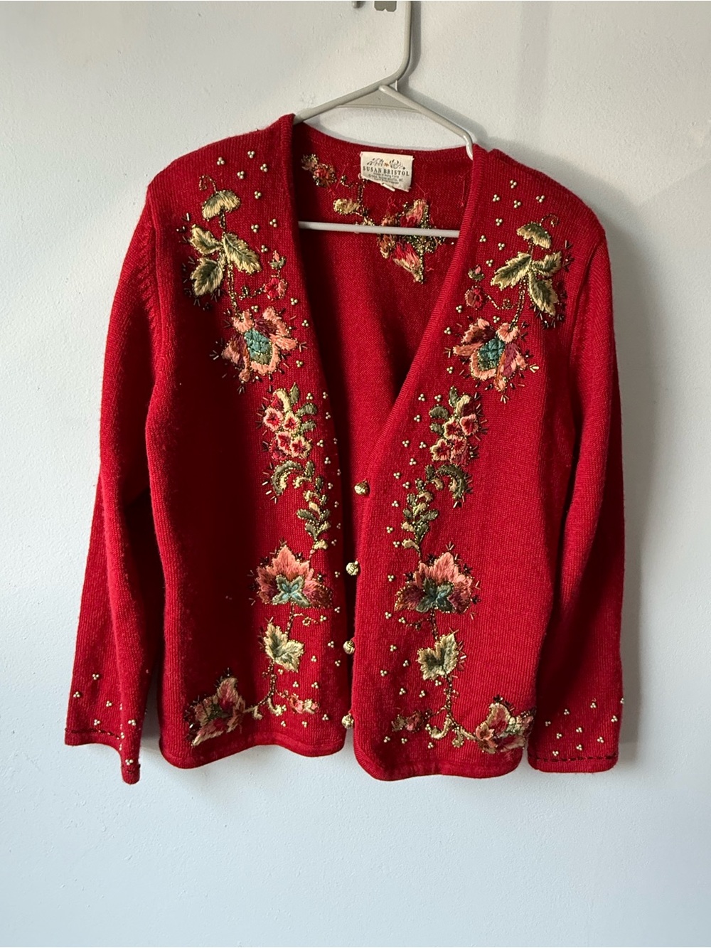 VTG 1994 Susan Bristol Beaded Red Floral Embroidered Cardigan Sweater Boho L